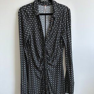 Free People Shayla Printed Mini Dress Button Down Size L Black & White Pattern